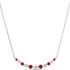 Round Ruby and Diamond Cluster Necklace, 18K White Gold