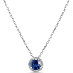 Round Sapphire and Diamond Pendant, 14K White Gold