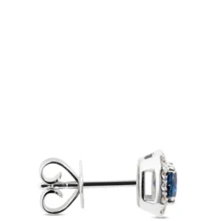 Round Sapphire and Diamond Stud Earrings, 14K White Gold