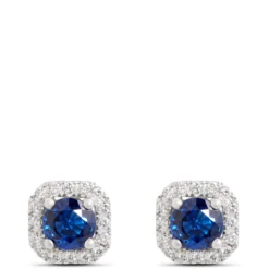Round Sapphire and Diamond Stud Earrings, 14K White Gold