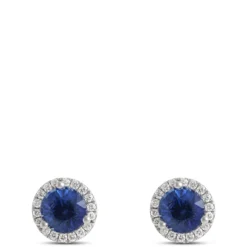 Round Sapphire and Diamond Studs, 14K White Gold