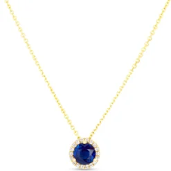 Round Sapphire Diamond Halo Pendant Necklace, 14K Yellow Gold