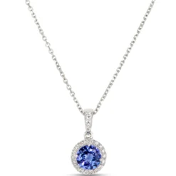 Round Tanzanite and Diamond Halo Pendant Necklace in 14K White Gold