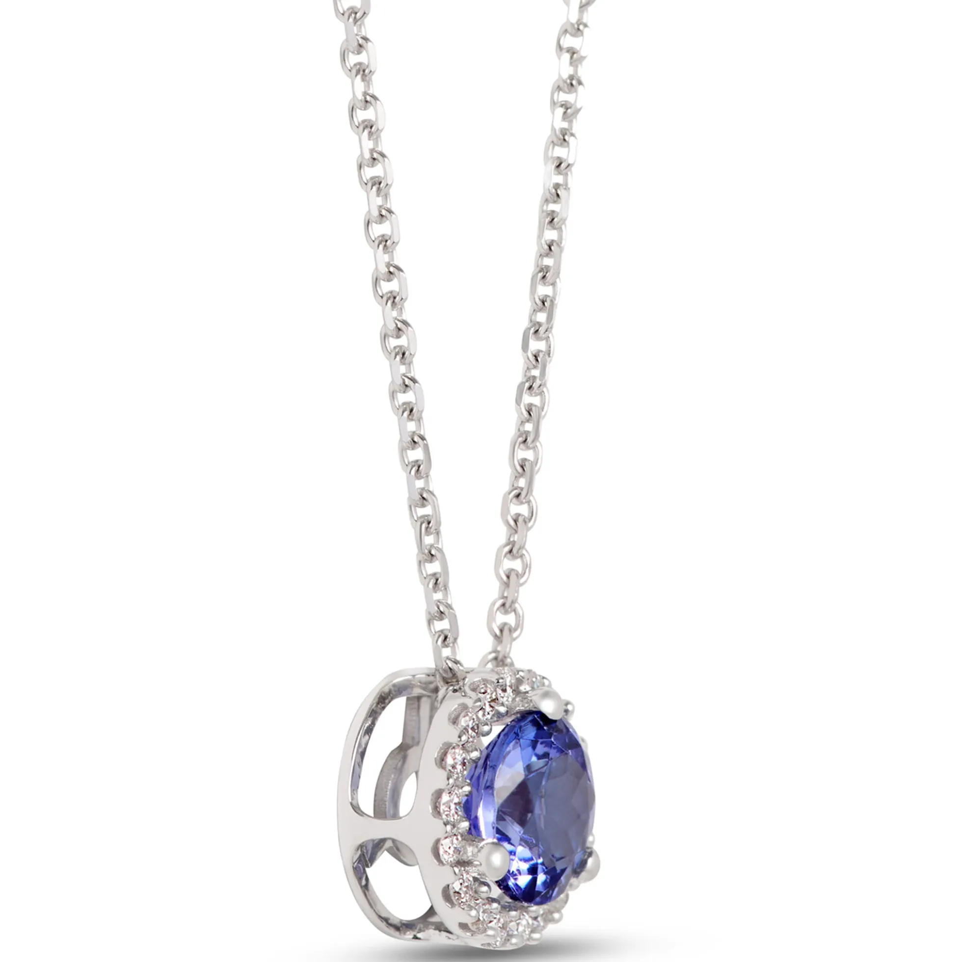 Round Tanzanite Pendant with Diamond Halo, 14K White Gold