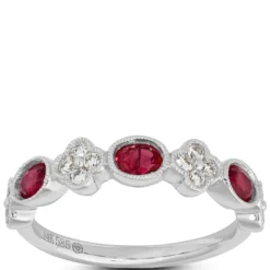 Ruby and Floral Diamond Cluster Ring, 14K White Gold