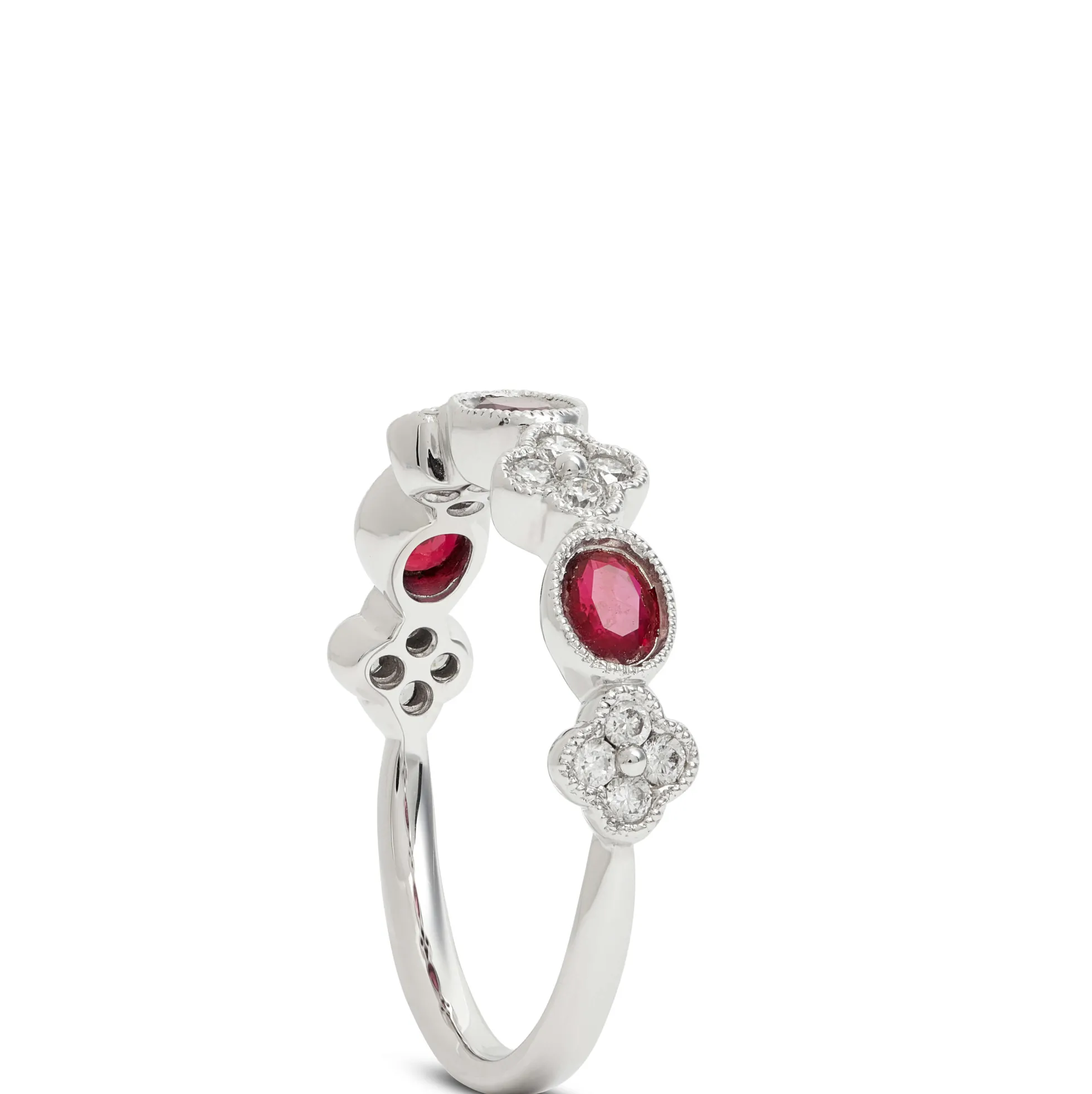 Ruby and Floral Diamond Cluster Ring, 14K White Gold