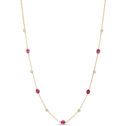 Ruby and Round Diamond Station Necklace, 14K Yellow Gold