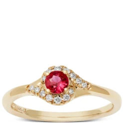Ruby & Diamond Halo Swirl Ring, 14K Yellow Gold