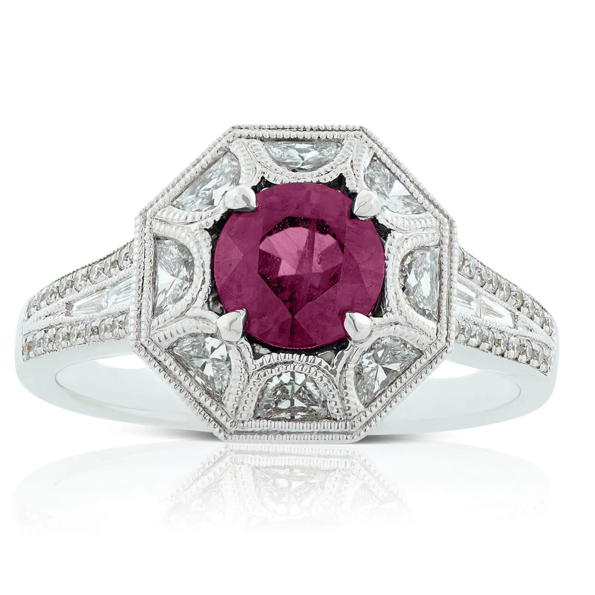 Ruby & Half Moon Diamond Halo Ring 18K