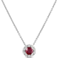 Ruby Pendant Necklace With Diamond Halo, 14K White Gold
