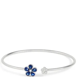 Sapphire & Diamond Flower Bangle Bracelet 14K