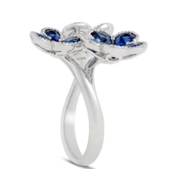 Sapphire & Diamond Flower Ring 14K, White Gold