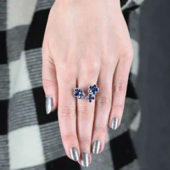 Sapphire & Diamond Flower Ring 14K, White Gold
