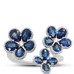 Sapphire & Diamond Flower Ring 14K, White Gold