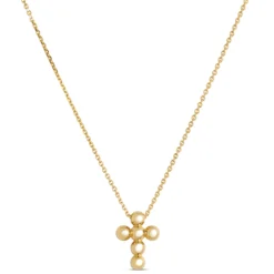 Small Bead Cross Pendant Necklace, 14K Yellow Gold