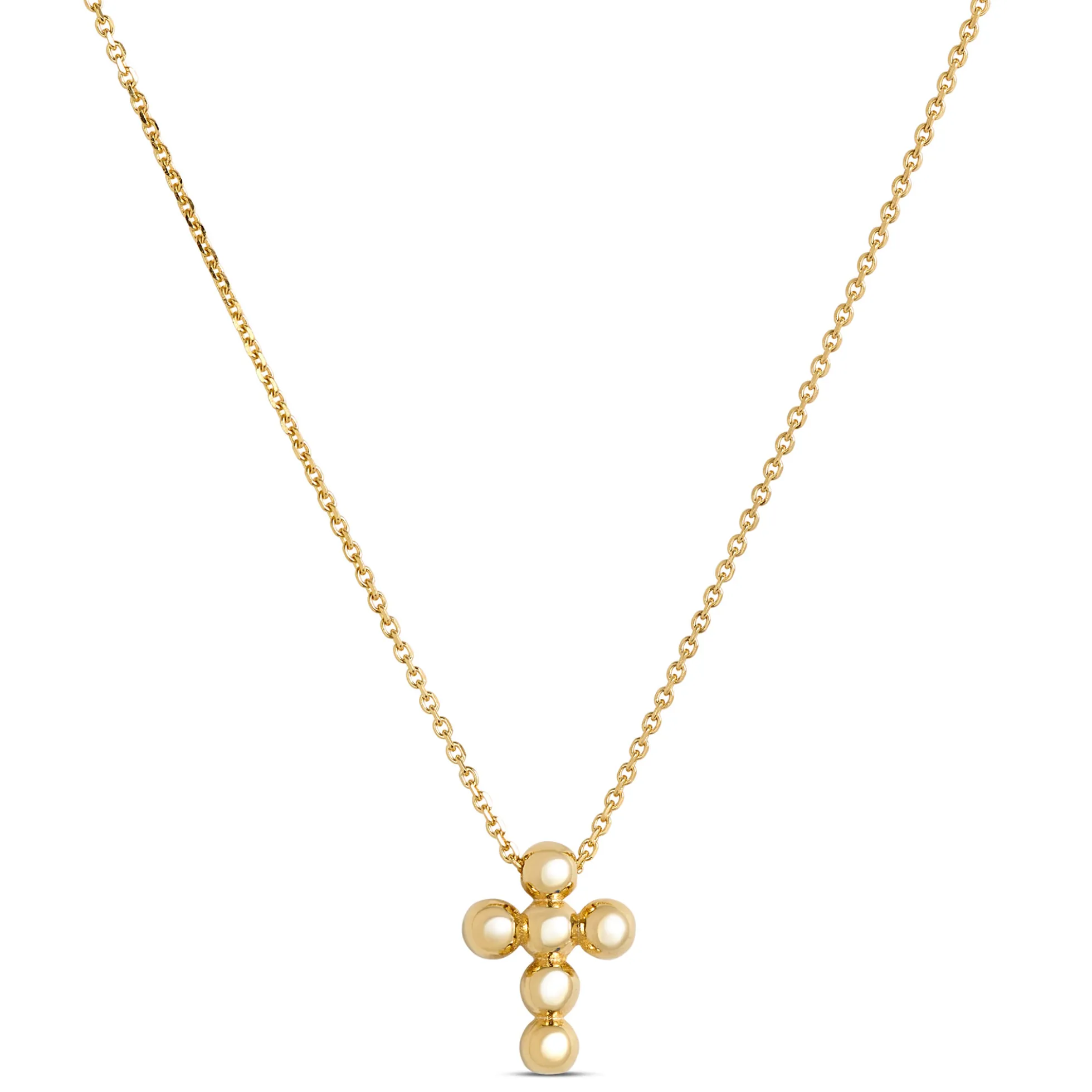 Small Bead Cross Pendant Necklace, 14K Yellow Gold