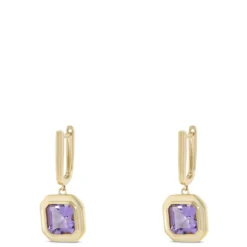 Square Amethyst Earrings, 14K Yellow Gold