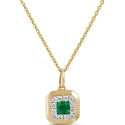 Square Emerald and Round Diamond Pendant, 14K Yellow Gold