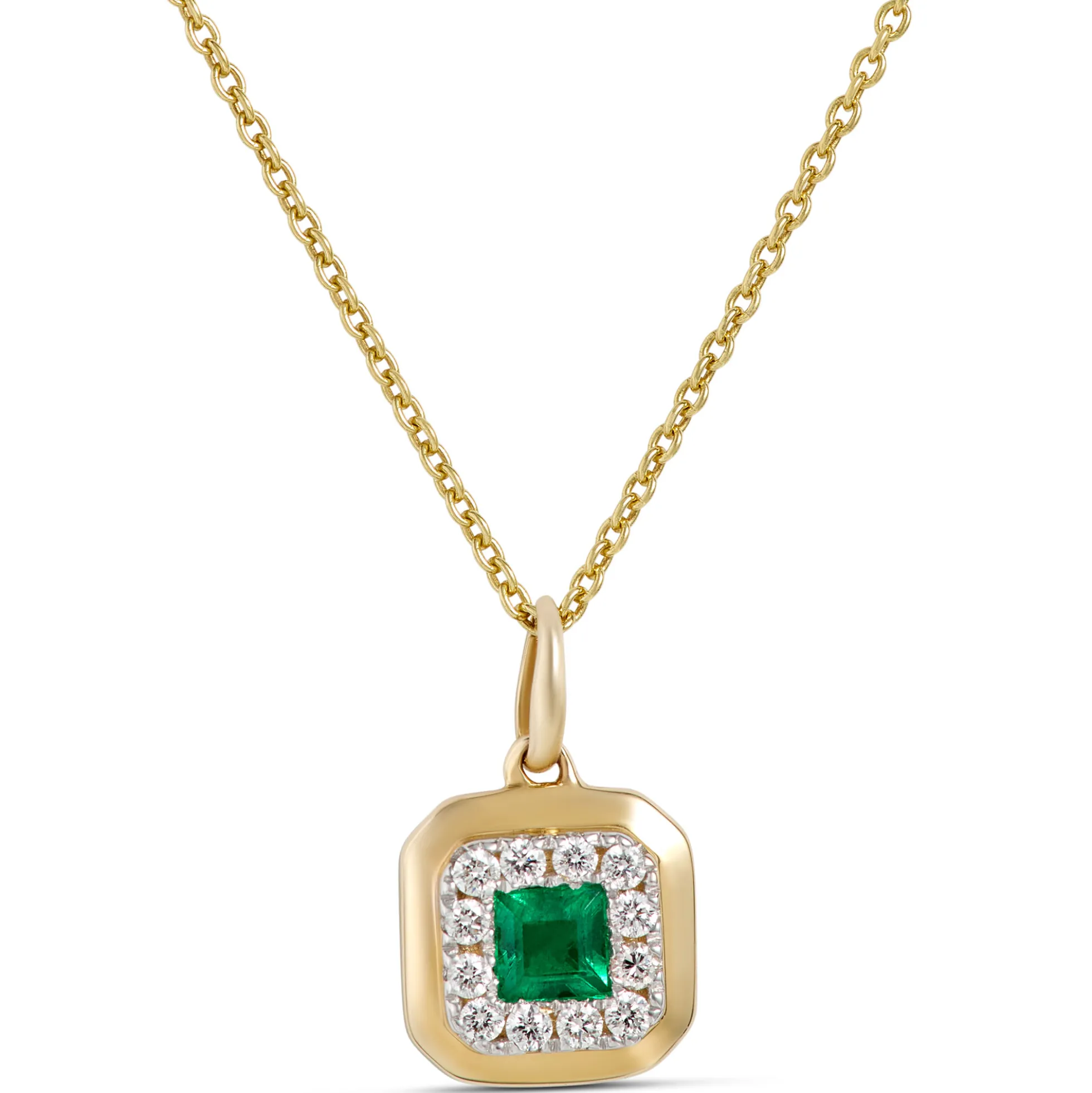 Square Emerald and Round Diamond Pendant, 14K Yellow Gold
