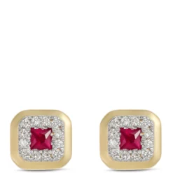 Square Ruby and Round Diamond Studs, 14K Yellow Gold