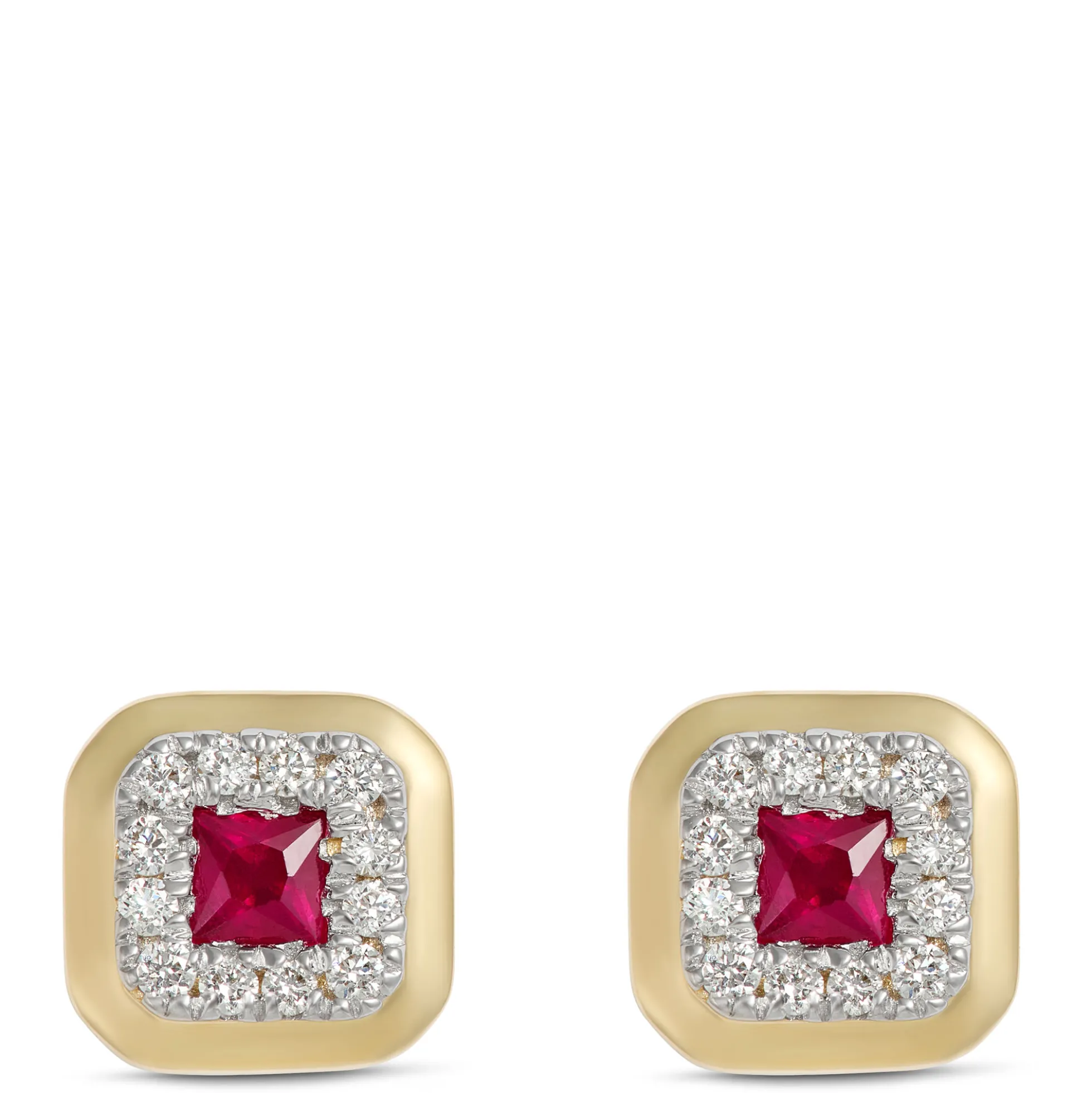 Square Ruby and Round Diamond Studs, 14K Yellow Gold