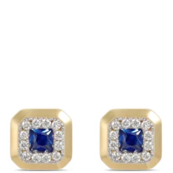 Square Sapphire and Diamond Studs, 14K Yellow Gold