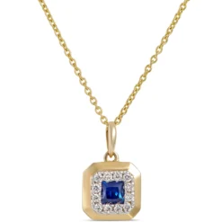 Square Sapphire and Round Diamond Pendant, 14K Yellow Gold