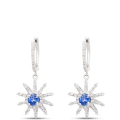 Sunburst Round Sapphire and Diamond Earrings, 14K White Gold