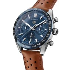 TAG Heuer Carrera Chronograph Watch Blue Dial Brown Leather Strap, 44mm