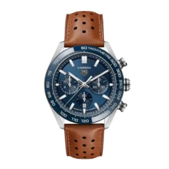 TAG Heuer Carrera Chronograph Watch Blue Dial Brown Leather Strap, 44mm