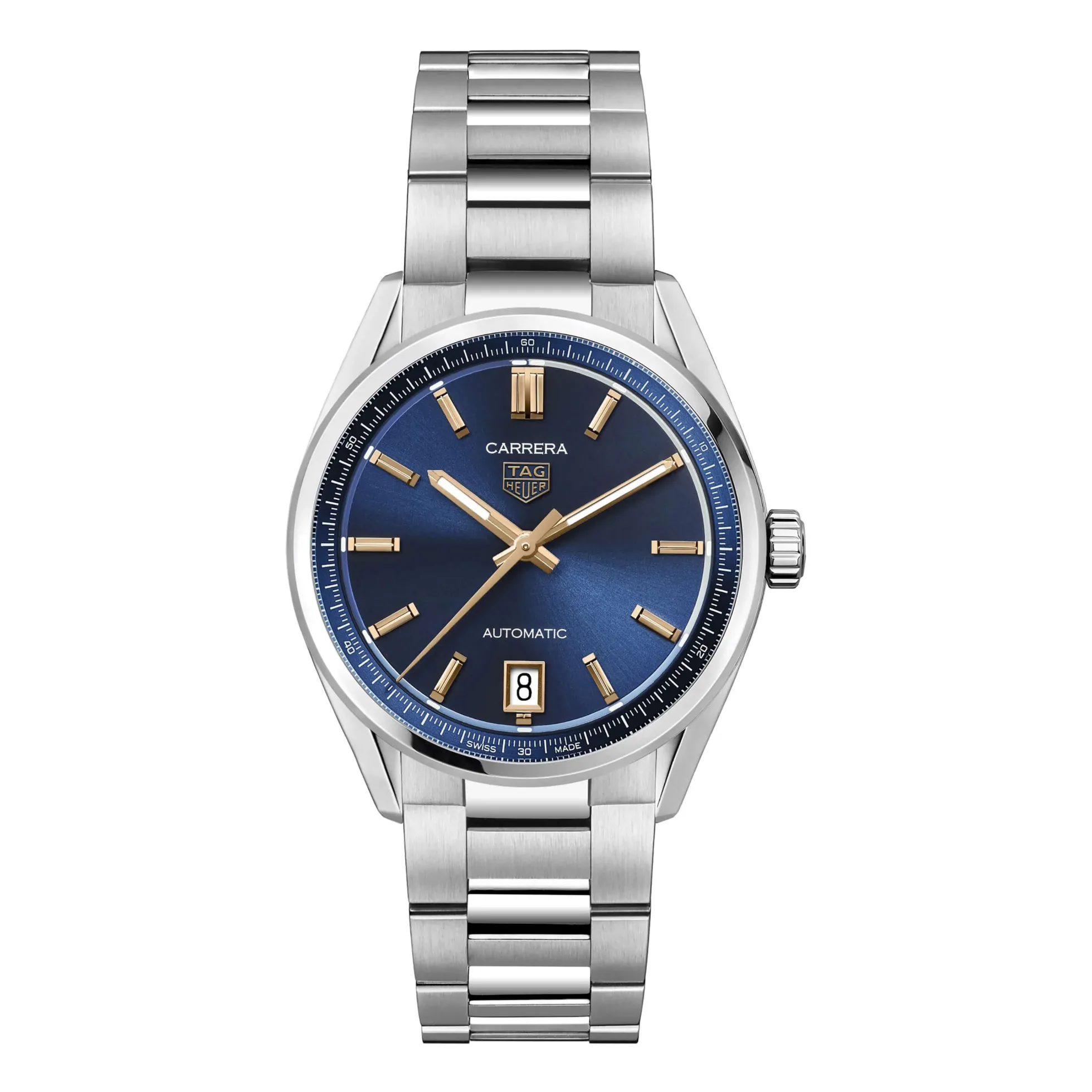 TAG Heuer Carrera Date Watch Steel Case Blue Dial Rose Gold Detailing, 36mm