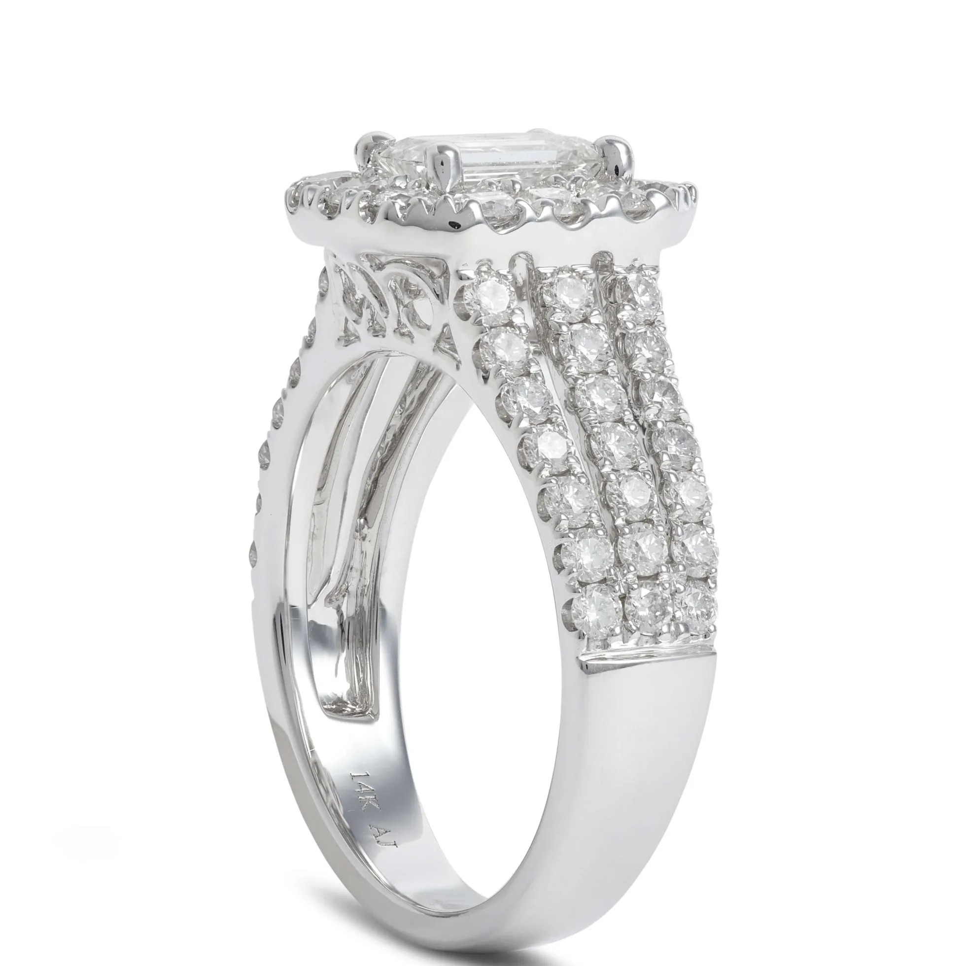 Three-Row Emerald Cut Diamond Engagement Ring, 14K White Gold
