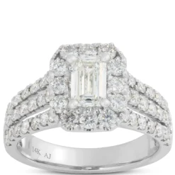 Three-Row Emerald Cut Diamond Engagement Ring, 14K White Gold
