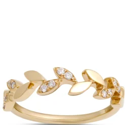 Timeless Leaf Pattern Ring with Accent Diamonds, 14K Yellow Gold