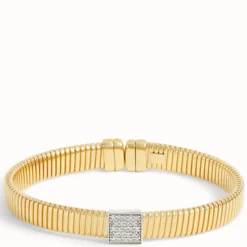 Toscano Flat Tubogas Cuff with Diamond Tips, 18K Yellow Gold