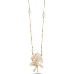 Toscano Flower Pendant with White Enamel Pearl, 14K Yellow Gold