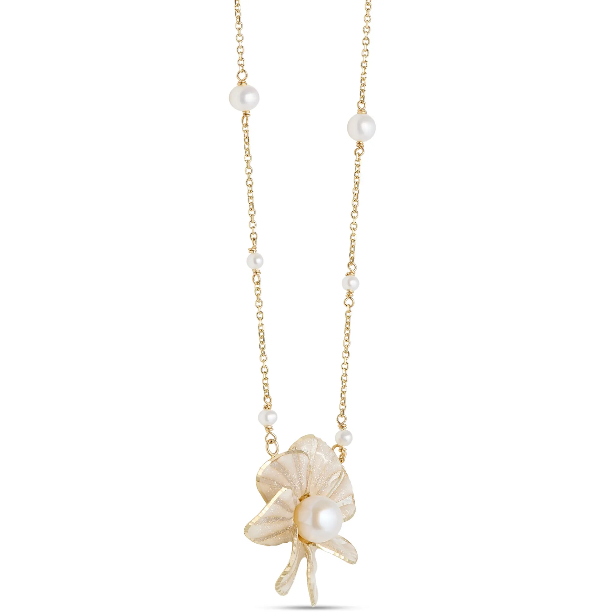 Toscano Flower Pendant with White Enamel Pearl, 14K Yellow Gold