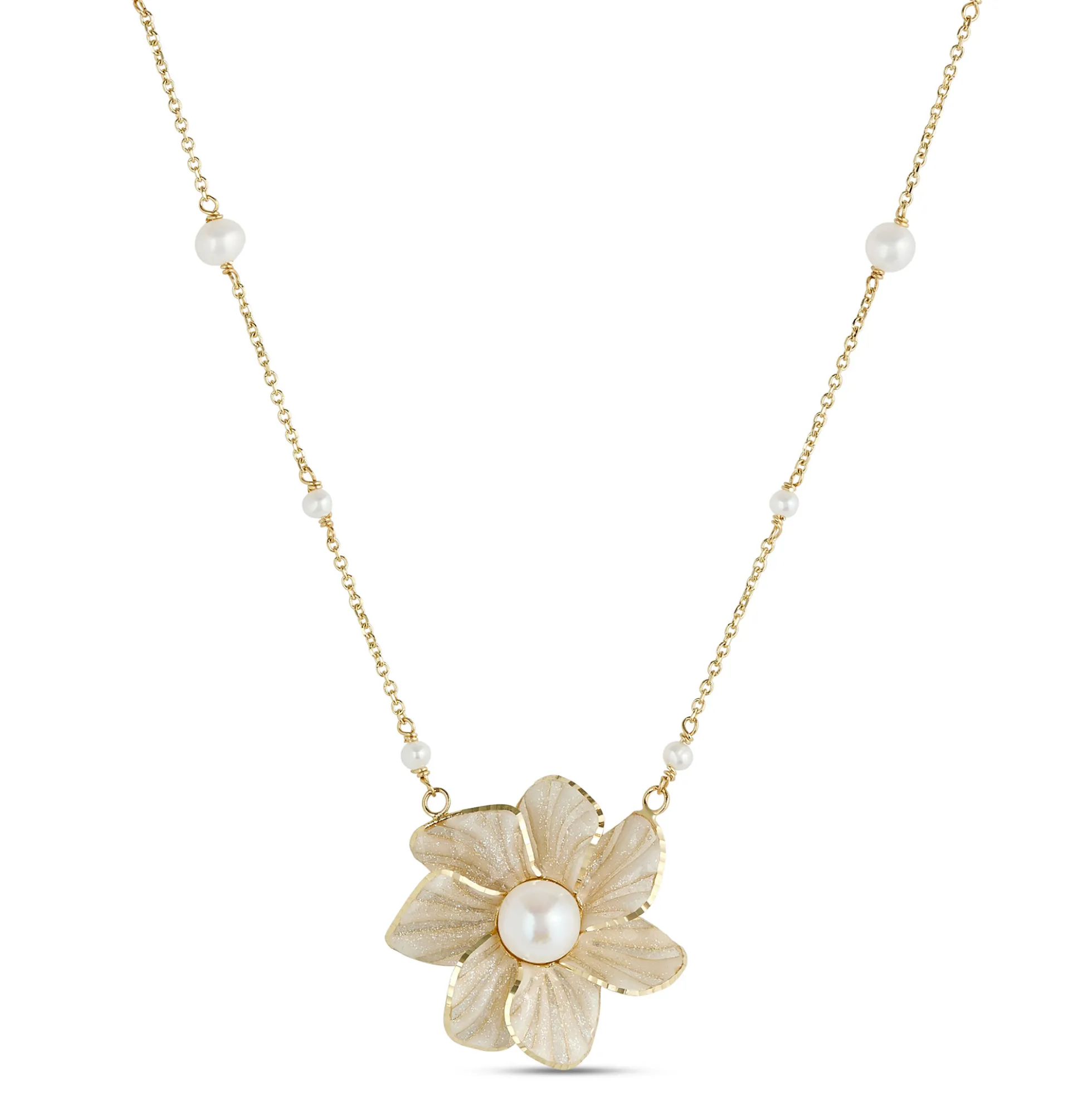 Toscano Flower Pendant with White Enamel Pearl, 14K Yellow Gold