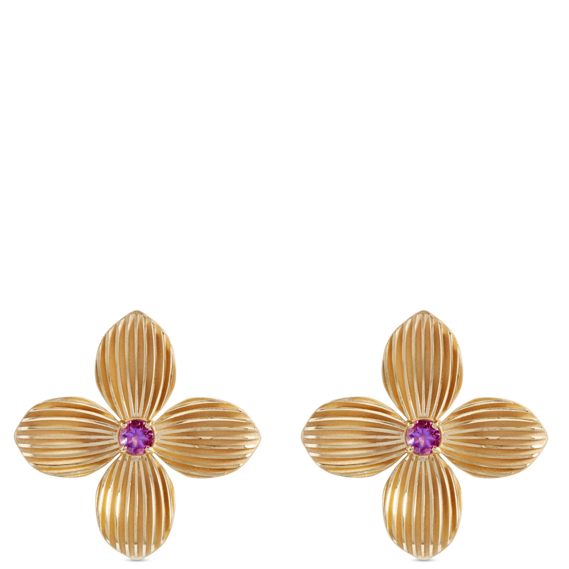 Toscano Flower-Shaped Amethyst Earrings, 14K Yellow Gold