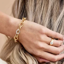 Toscano 8-Inch Oval Link Bracelet with Diamonds, 14K Yellow Gold