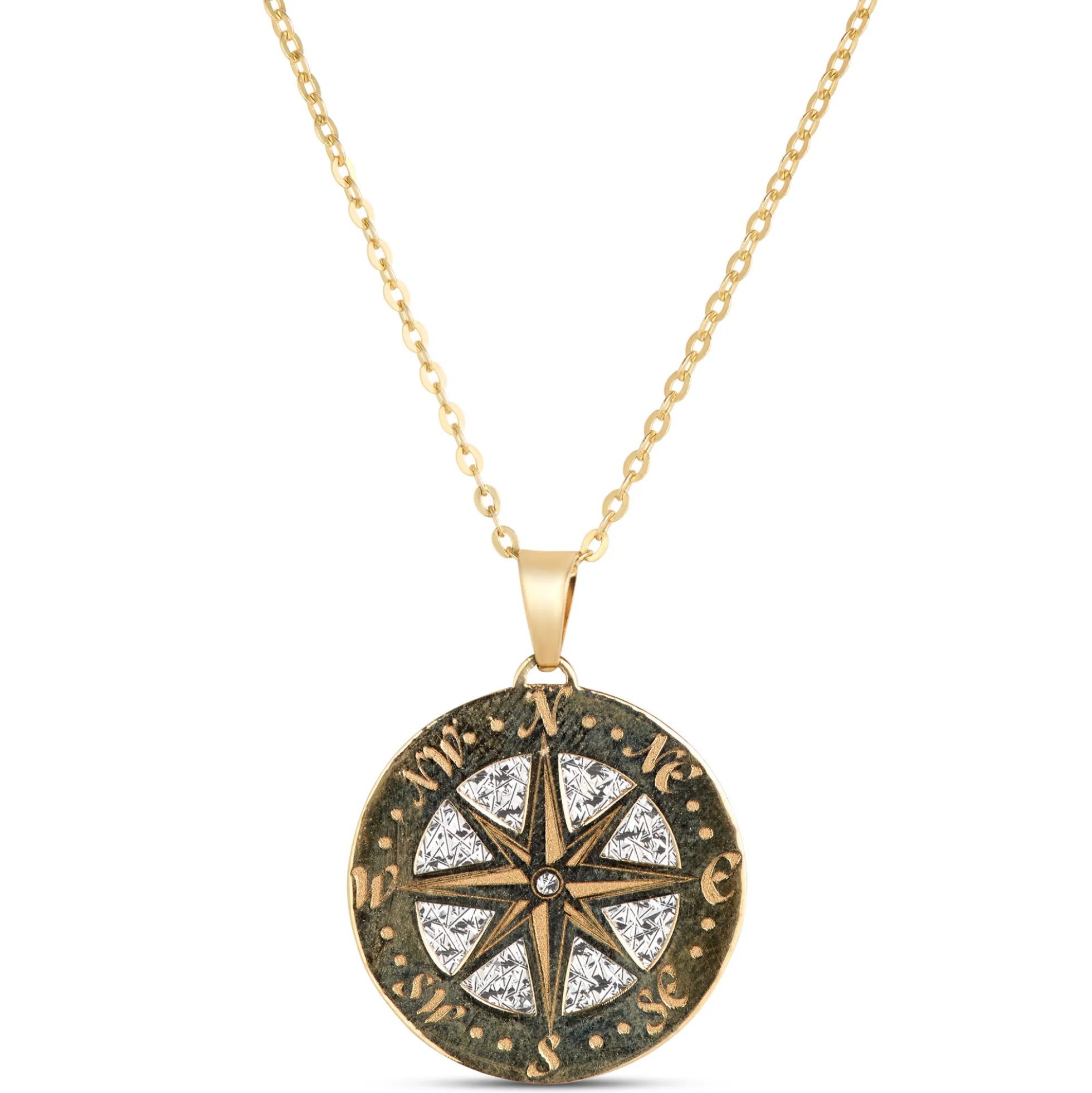 Toscano Laser Cut Compass Pendant, 14K Yellow Gold