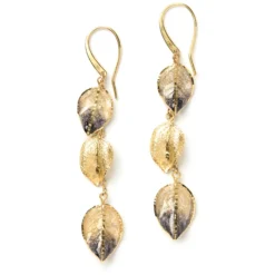 Toscano Triple Brown Enamel Leaf Earrings, 14K Yellow Gold