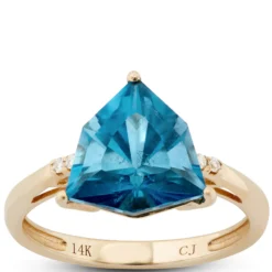 Trillion Cut Blue Topaz & Diamond Ring, 14K Yellow Gold