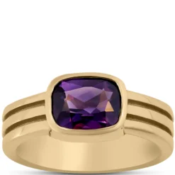 Triple Shank Cushion Cut Amethyst Ring, 14K Yellow Gold