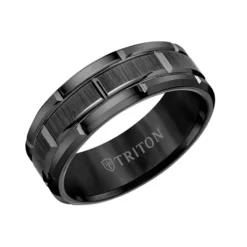 TRITON Contemporary Comfort Fit Satin Finish Brick Pettern Band in Black Tungsten, 8 mm