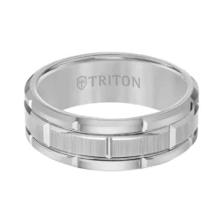 TRITON Contemporary Comfort Fit Satin Finish Brick Pattern Band in Grey Tungsten, 8 mm