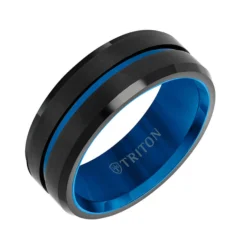 TRITON Contemporary Comfort Fit Band in Black Tungsten with Blue PVD, 8 mm