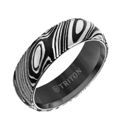 TRITON Contemporary Comfort Fit Band in Black Tungsten & Damascus Steel, 7 mm
