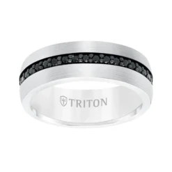 TRITON Stone Comfort Fit Black Sapphire Eternity Band in White Tungsten, 8 mm