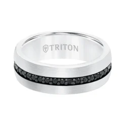 TRITON Stone Comfort Fit Black Sapphire Eternity Band in White Tungsten, 8 mm